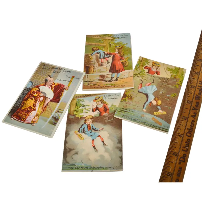 Acme Soap Trade Card Lot – 4 Illustrated Cards Including 'Willie Down Well' And Samurai Themes 1