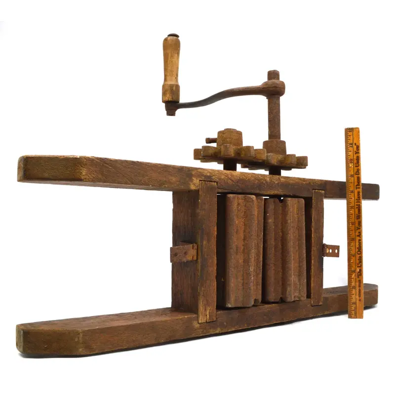 Antique Grape And Fruit Crusher – Hand-Cranked Grinder With Gear-Driven Wheels, No Hopper 1