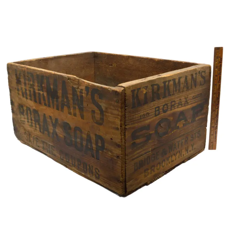Antique Kirkman’S Borax Soap Wooden Crate – Large Vintage Shipping Box With 'Save The Coupons' Label 1
