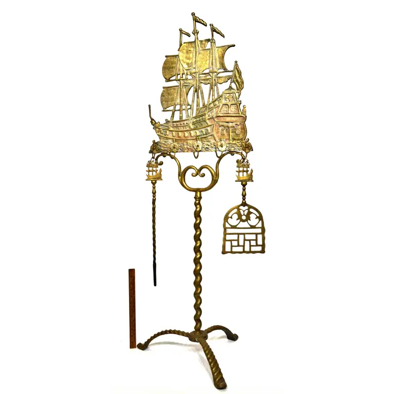 Antique Nautical Brass Fireplace Tool Set – 'Don Fernando' Ship-Themed Hearthware With Rack 1