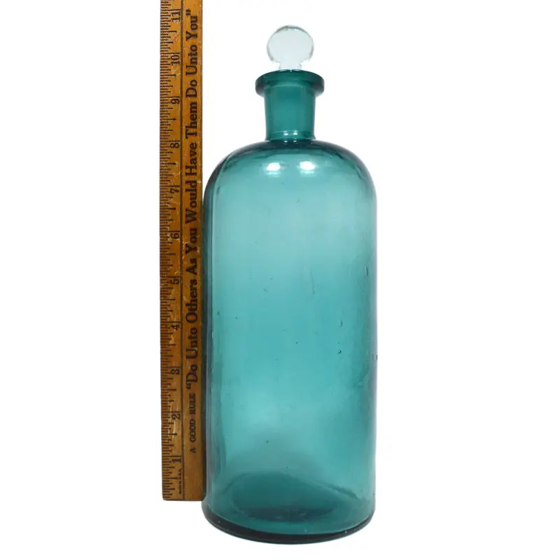Antique Teal-Blue Apothecary Jar – 9.375" Glass Drug Container With Original Stopper 1