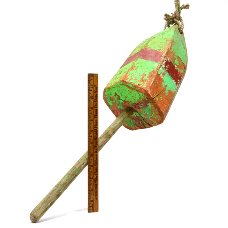 Antique Wooden Lobster Pot Buoy With Original Green, Orange, And Red Paint 1