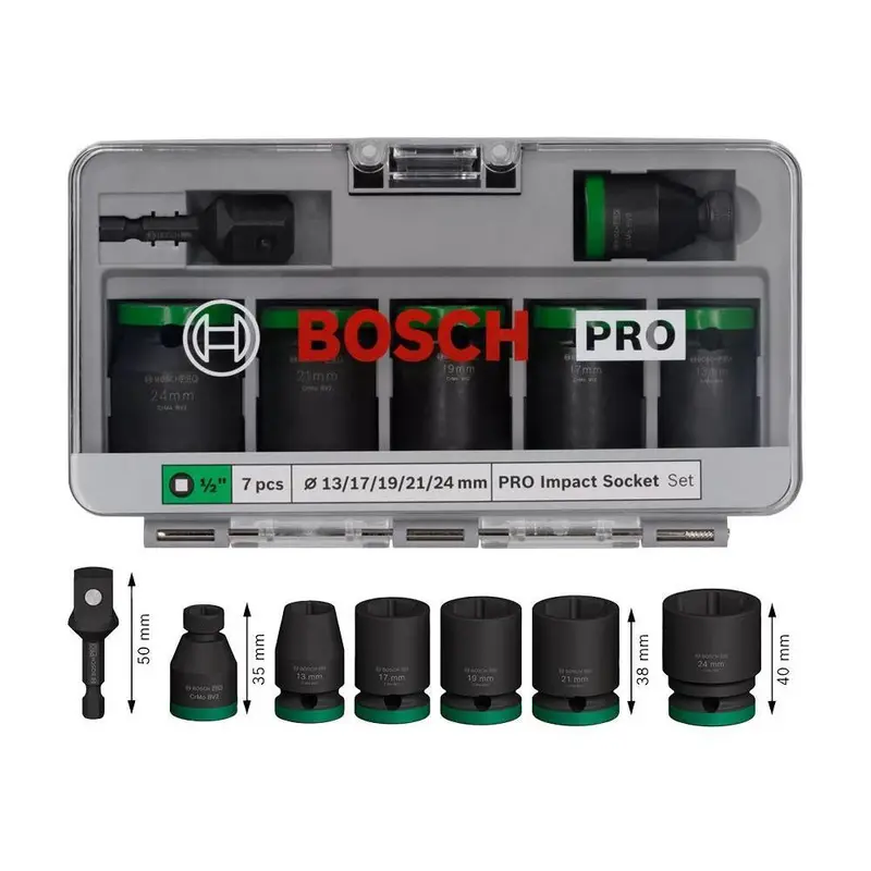 Bosch Pro 1/2" Drive Impact Socket Set – 7-Piece Standard Depth With 1/4" Adapter 1