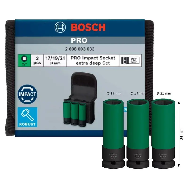 Bosch Pro Extra-Deep Impact Sockets – 3-Piece Set (17 Mm, 19 Mm, 21 Mm) 1