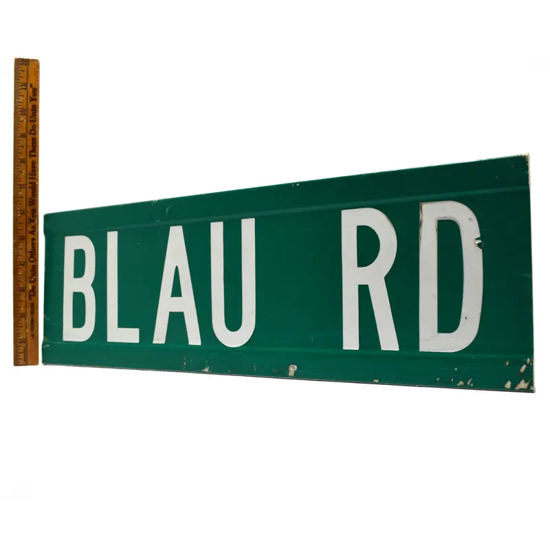 Classic Green-And-White Steel Street Sign: 'Blau Rd' – 6" X 18", Double-Sided Vintage Traffic Marker 1