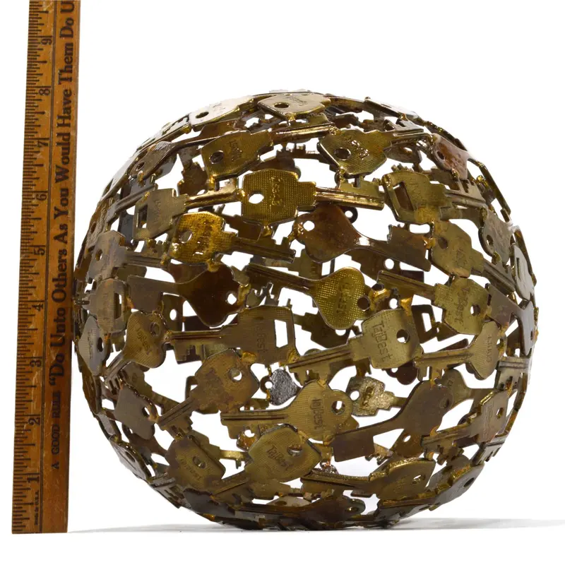 Folk Art Steel Key Globe Sculpture – 8-Inch Brass-Finish Sphere, 'Taj Best' Marked 1