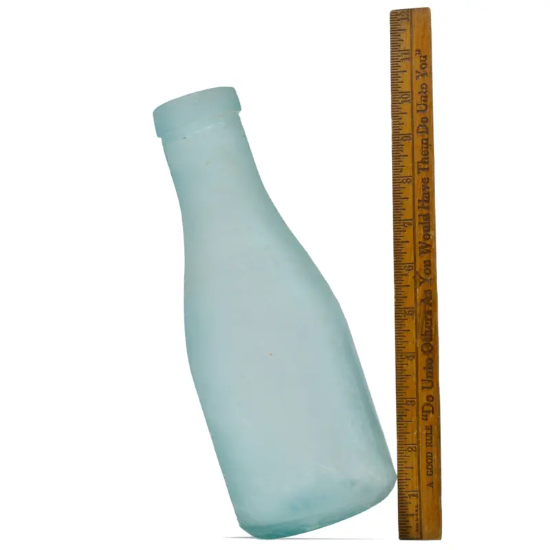 Hand-Blown Aqua Milk Bottle – Crude Early Design With Tooled Lip, Unusual Vintage Form 1