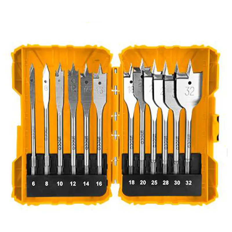 Ingco 12-Piece Flat Wood Drill Bit Set – Spade-Type Bits For Fast Hole Making 1
