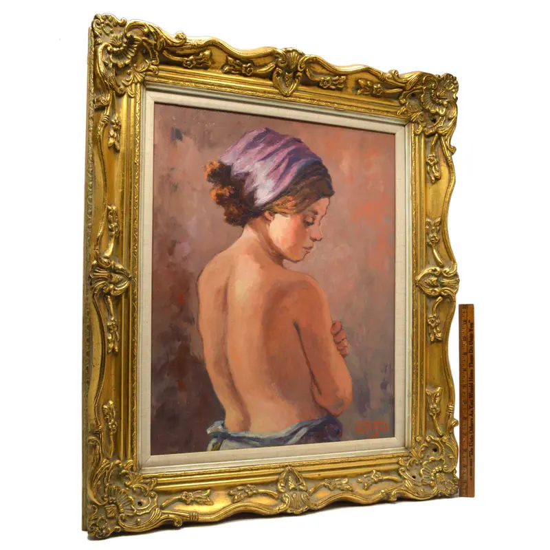 Original Signed Oil Painting By Alfieri – Vintage Nude Study, Woman With Head Scarf, Back View 1