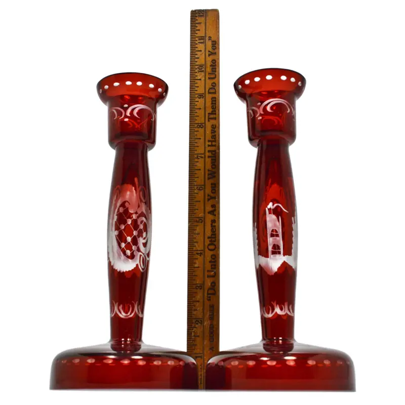 Pair Of Vintage Ruby Red Crystal Candlesticks – 8.75-Inch Cut-To-Clear Design Featuring Stag & Castle Motifs 1
