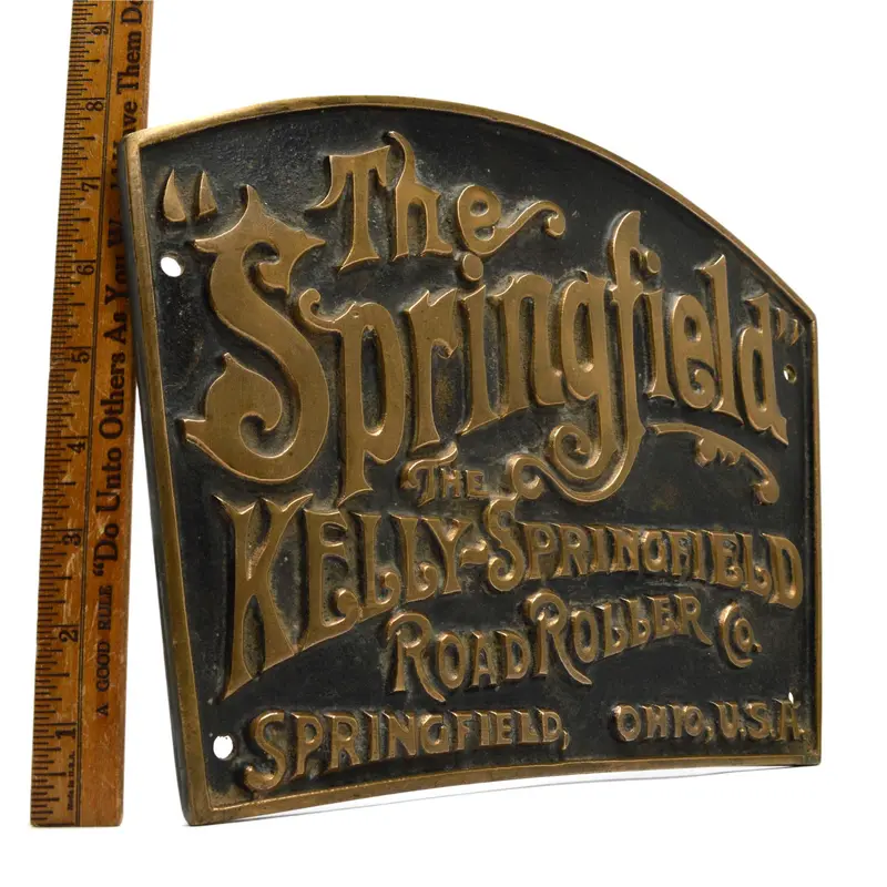 Rare Arch-Top Brass Sign – Kelly-Springfield Road Roller Co. Advertising Plaque 1