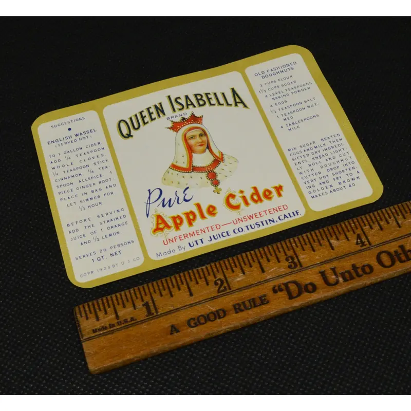 Utt Juice Co. Paper Label – 'Queen Isabella Pure Apple Cider' – Tustin, Ca Vintage Specimen 1