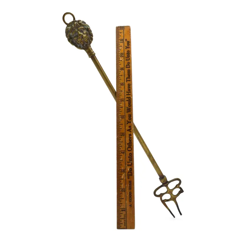Victorian-Era Brass Fireplace Poker Set – Lion-Head Motif, Partially Damaged Tong 1