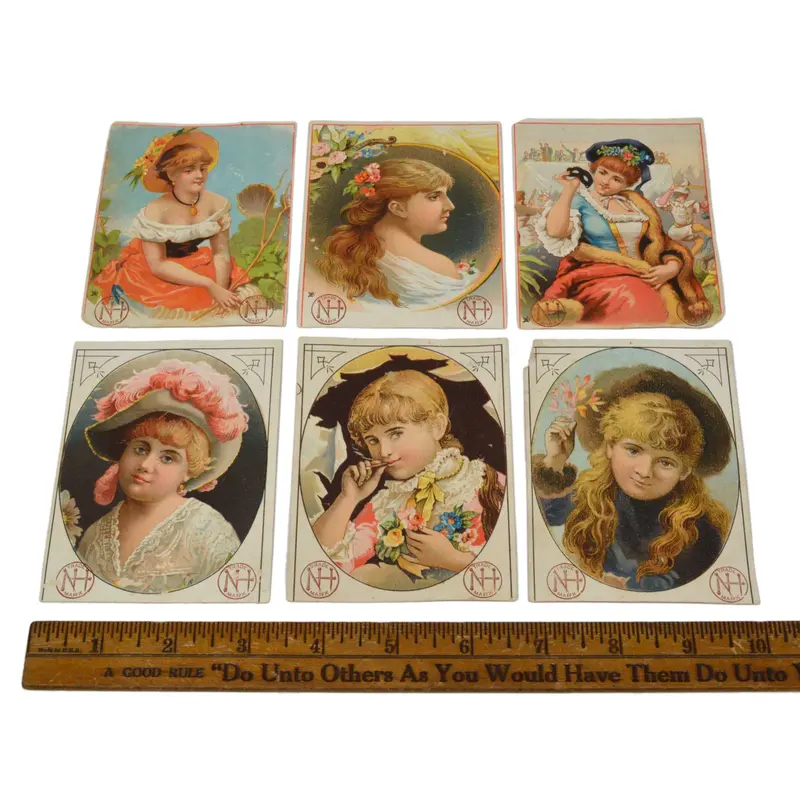 Victorian Trade Card Lot – 6 'New Haven Nails' Cards With Portraits And Brand Imagery 1
