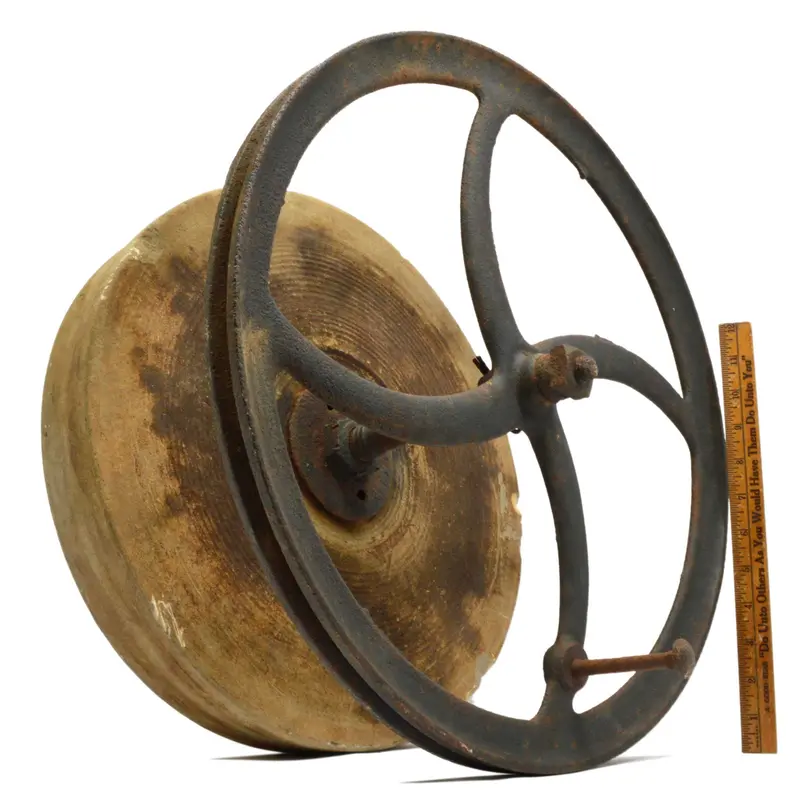 Vintage 16-Inch Sharpening Stone With Original Cast Iron 17.5-Inch Grinding Wheel And Crank Assembly 1