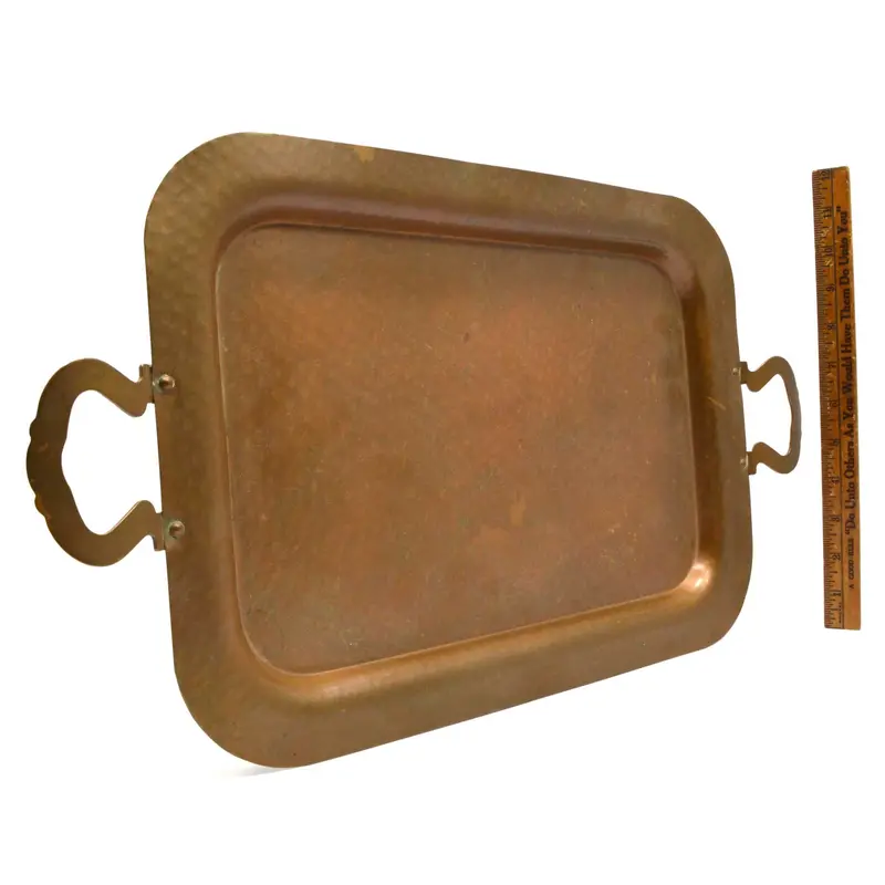 Vintage Hammered Copper Serving Tray With Patented Handle Design, American Made 1