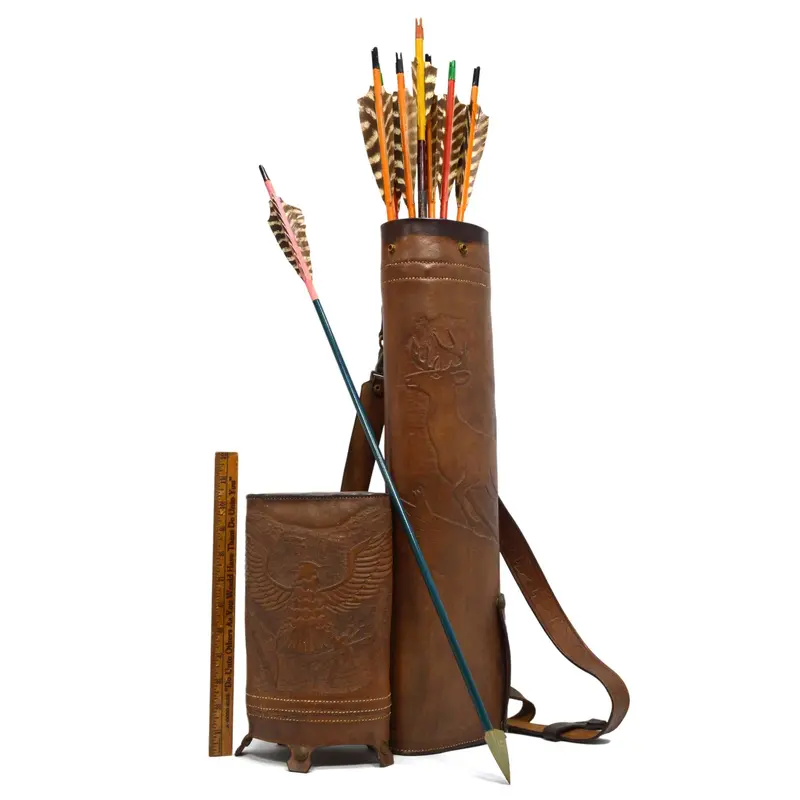 Vintage Hand-Tooled Leather Back Quiver With Eight Arrows — Deer And Eagle Motifs, Attributed To Fred Bear 1