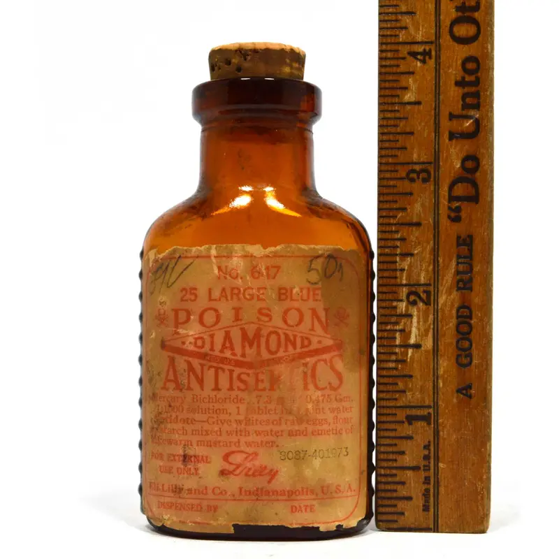Vintage Lilly Diamond Antiseptics Poison Bottle – 3.625" Amber Glass With Paper Label & Cork 1