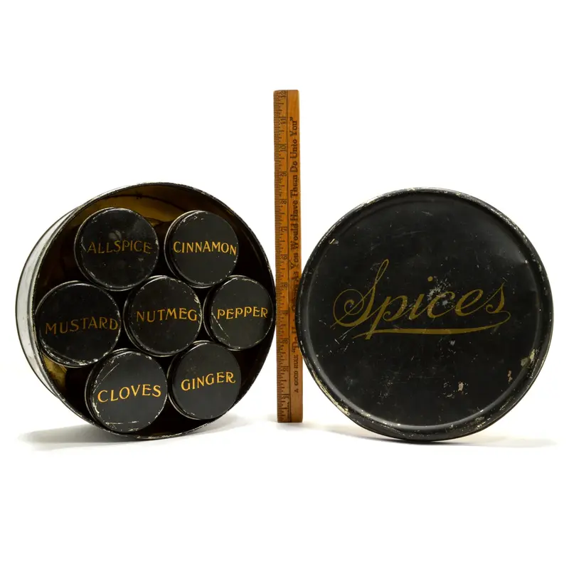 Vintage Metal Package Corp. Spice Set — Seven Tin Herb Jars In 8" Container 1