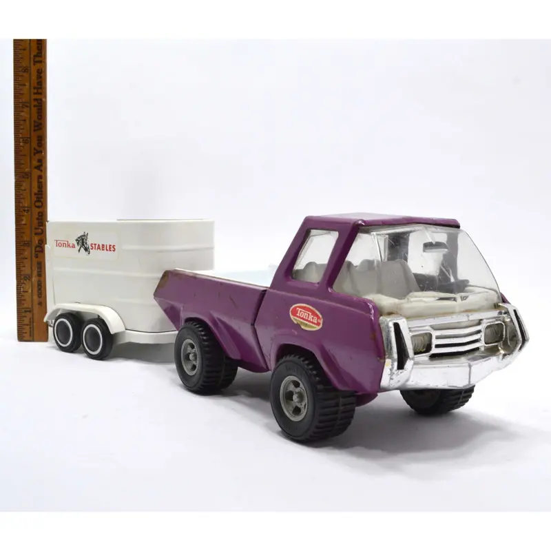 Vintage Mini Tonka Purple Pickup Truck And White Stables Horse Trailer – Two-Piece Playset 1
