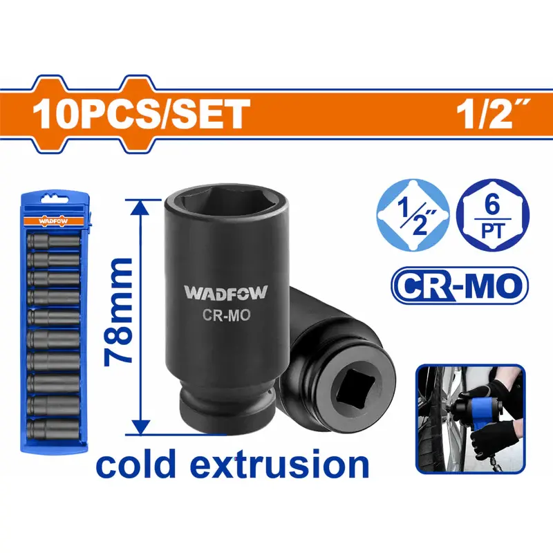 Wadfow 10-Piece 1/2" Deep Impact Socket Set – For High-Torque Applications, Model Wmsd202 1