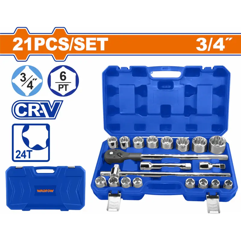 Wadfow 21-Piece 3/4" Drive Socket Set – Metric & Sae, Heavy-Duty Storage Case, Model Wst4D21 1