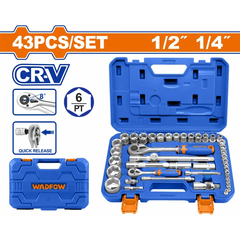 Wadfow 43-Piece Socket Set – Includes 1/4" And 1/2" Drive Sizes, Model Wst3D43 1
