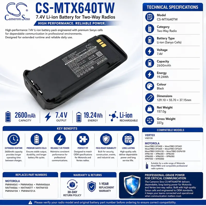 Cameron Sino Cs-Mtx640Tw Radio Battery: 2600Mah For Motorola Mototrbo & Vertex Radios 1