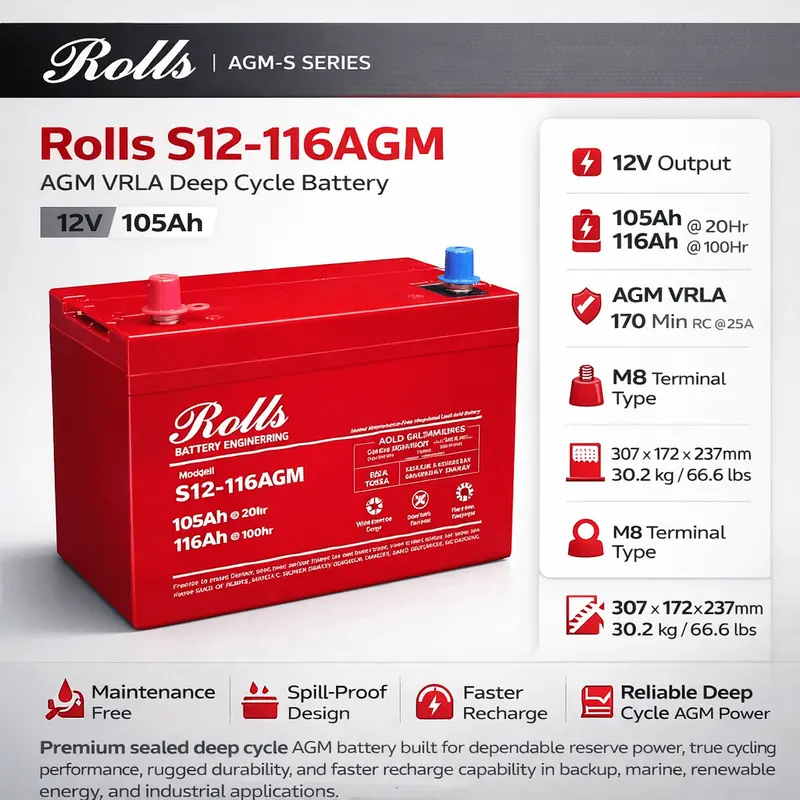 Rolls S12-116Agm Deep Cycle Agm Battery – 12V 116Ah Vrla For Marine & Solar 1